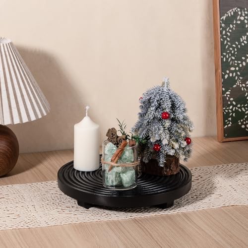 Round Decorative Tray Farmhouse Bathroom Decor Wood Riser, 10" Black - Image 4