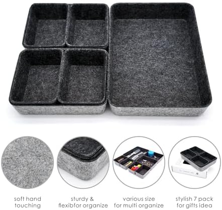 Welaxy 7pc Shallow Felt Desk Drawer Organizers Trays Charcoal Storage Bins - Image 3
