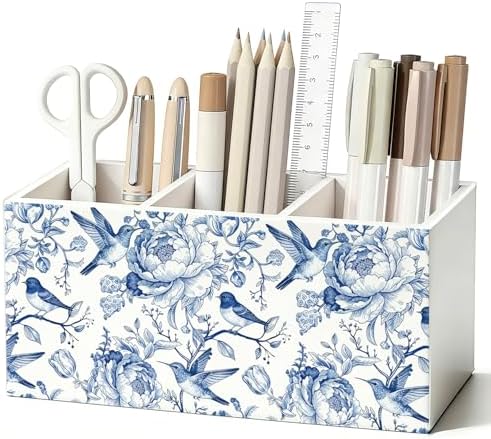 Blue Chinoiserie Bird Floral Pen Pencil Holder for Desk Decor by Unknown