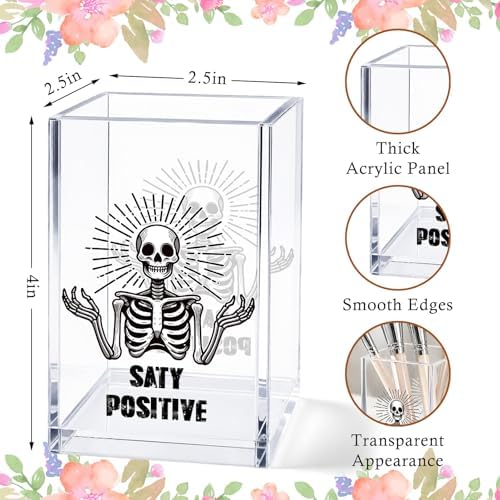 Skeleton Acrylic Pen Holder Cup, Stay Positive Funny Desk Decor, Goth Pencil Holder Organizer, Skull Office Accessories, Cute Coworker Gift for Women Men - Image 3