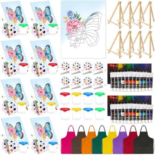Cholemy 8 Set Paint and Sip Kit for Adults 8'' x 10'' Pre Drawn Canvas with Wooden Easels Acrylic Paint Brushes Wash Cup Palette Apron for Painting DIY Date Night Party Supplies(Butterfly) by Cholemy