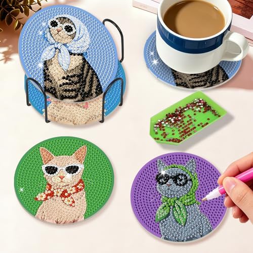 Diamond Art Coasters Kit for Adults, 8PCS Funny Cat Coasters with Holder - Image 4