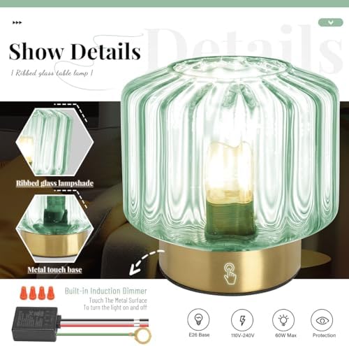 Bedside Table Lamp Touch nightstand lamp with Dark Green Glass Shade Mid Century Modern Table lamp Gold Desk lamp Small Mini Vintage Table Light for end Table Bedroom Living Room Office - Image 4