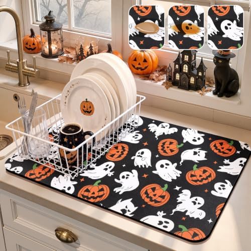 Findosom Ghost Halloween Dish Drying Mat, 12" x 20" Absorbent Coffee Mat by Findosom