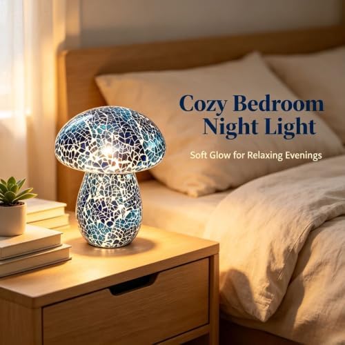 Mosaic Mushroom Table Lamp, Handmade LED Night Light,Blue - Image 5