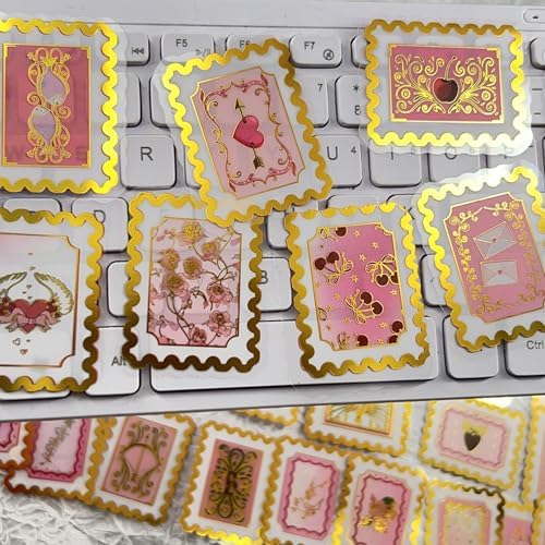 50 PCS Cartoon love stamps Stickers Aesthetic PET Stickers Gold Stamp Decal Waterproof Decorative Decals for Scrapbook DIY Crafts Album Bullet Journal Planner Water Bottles Laptop Phone (Gold stamp-B) by Unknown
