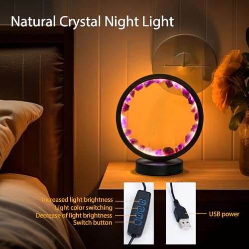 Runyansghi Amethyst Night Lamp 8.6'' Natural Healing Crystal Bedside USB Port 3 Colours Dimming Mode Bedroom Suitable Light for Living Room Office Home Decor Ideal Gift - Image 5