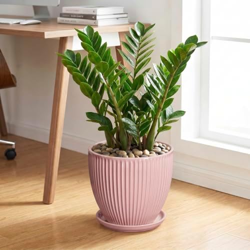 10 Inch Flower Pot Ceramic, Indoor Planters for Flowers Snake Plants, Decorative Large Planter with Drainage Hole and Saucer, Round Ceramic Plant Pots, Modern Home Decor, Gardening Gifts, Pink - Image 3