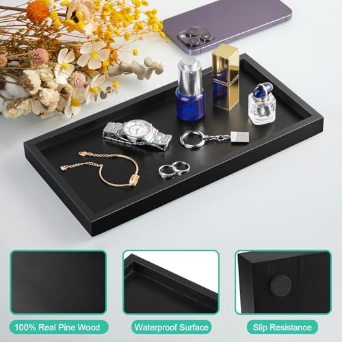 ALELION 11.7" Bathroom Vanity Tray for Counter - Black Wood Decorative Tray for Toilet Tank Makeup Perfume Jewelry Catchall Coffee Table - Wooden Kitchen Countertop Organizer for Soap Dispenser - Image 4