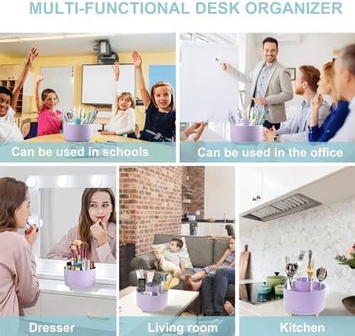 Cayxenful Pencil Holder For Desk,5 Slots 360°Degree Rotating Desk Organizers And Accessories,Desktop Storage Stationery Supplies Organizer, Cute Pencil Cup Pot For Office, School, Home (I-Purple) - Image 6