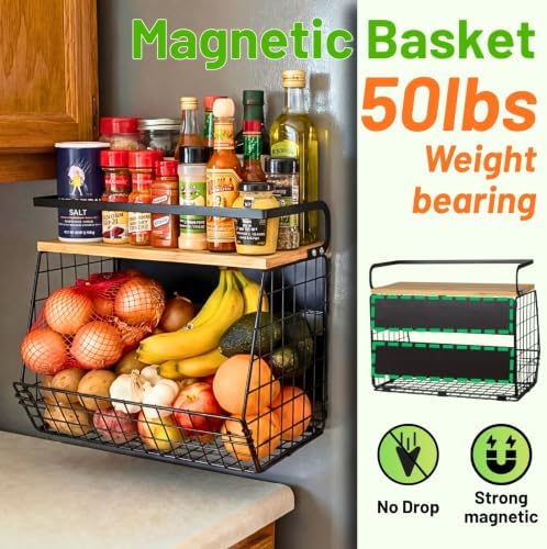 Ofiray-home Magnetic Shelf for Fridge with Wood Lid, Fruit Potato and Onion Storage Bins, Pantry Organizers & Storage, Large Container Magnetic Spice Rack for Refrigerator, Kitchen Counter, Cabinet - Image 2