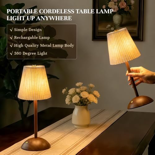 Small Vintage Cordless Table Lamp, 5000mAh Battery Operated, 3 Color Stepless Dimming Up, Bedside Vintage Flower Desk Lamp for Bedroom Living Room, Dorm, Home, Office Decor (Beige) - Image 2