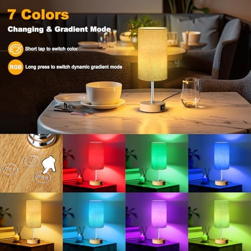 Unicozin Small Table Lamp, 3CCT & 7 RGB Color Changing, Dimmable Nightstand Lamp with Wood Grain Base, Touch Bedsides Lamp for Bedroom, Office, Kids Room, Nursery, Party, Beige Shade - Image 3
