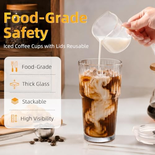 3 Pack Ribbed Glass Tumbler with Straw and Lid: Leak Proof Glass Cups with Lids and Straws - Coffee Bar Accessories - To Go Iced Coffee Cups with Lids - Tumbler Leak Proof Iced Coffee Cups with Lids - Image 3