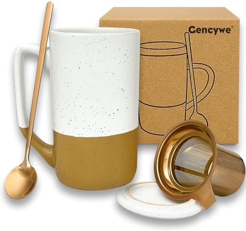Gencywe Ceramics Large Tea Cup with Loose Leaf Infuser, Spoon and Lid, 16 oz Tall Coffee Mug, Microwave and Dishwasher Safe, Rustic Matte Ceramic Glaze, Tea Strainer, Amber by Gencywe