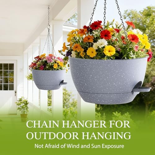 12 Inch Hanging Baskets 2 PC with Chains, Self-Watering Hanging Planters for Indoor Outdoor Plants, Plastic Hanging Flower Pots,Speckled Grey - Image 5