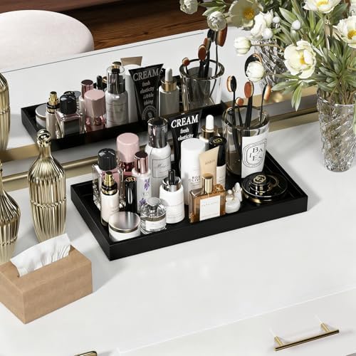 ZHWS Black Bathroom Vanity Tray for Countertop Perfume Makeup Jewelry Candle Decor, Kitchen Tray for Soap Dispenser Spice Salt, Large Black Tray for Toilet Tank Paper, Serving Nightstand 13”x6.5” - Image 2