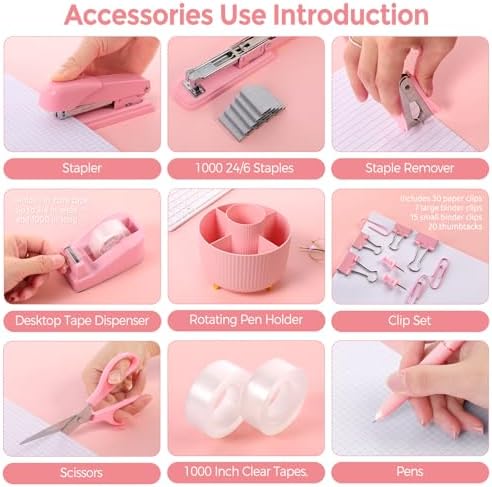 SKYDUE Pink Office Supplies Set, Pencil Holder for Desk,Gel Pen, Stapler, Tape Dispenser, Scissors,Clips and 1000pcs Staples, Office Decor for Women, Pink Desk Accessories - Image 3