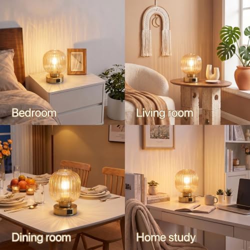 Elenhome Touch Small Table Lamp,Elegant Gold Glass Bedside Lamp 3 Way Dimmable with USB C+A Charging Ports - Bedroom Nightstand & Living Room Essential, 4W Bulb Included (Gold) - Image 4