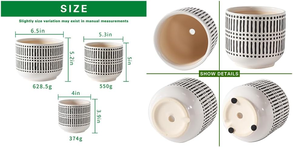 Docrin 3-Pack Ceramic Plant pots Set - 6.5"+5.3"+4" Dual-Tone Flower Pots with Drainage Holes, Modern Indoor Outdoor Planters for Succulents/Herbs/Large Plants, Home Office (Brownish Black & White) - Image 2