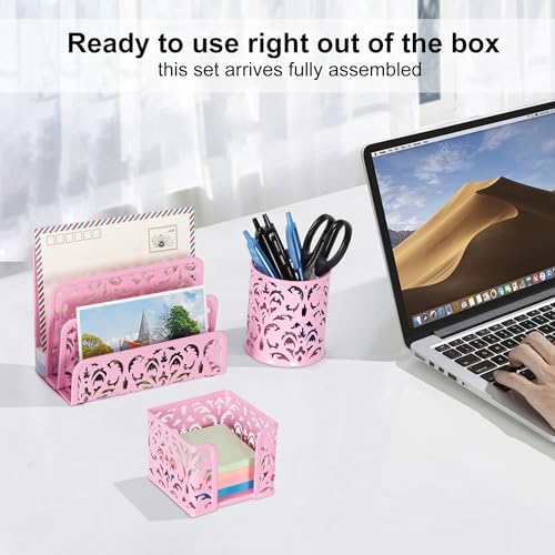 EasyPAG Desk Organizers and Accessories 3 Pieces Office Organizer Set - Pen Holder for Desk, Mail Sorter Countertop and Sticky Note Holder, Pink - Image 4