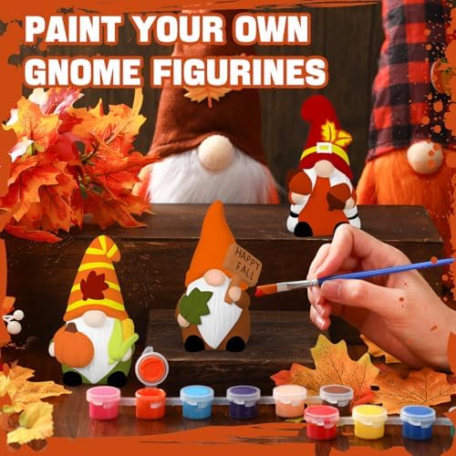 Youyole 3 Pack Fall Ready to Paint Your Own Gnome Statues, 4 Mini Blank Ceramics Unpainted Gnome Figurines Craft DIY Art with Brush Palette Paint for Adults - Image 4