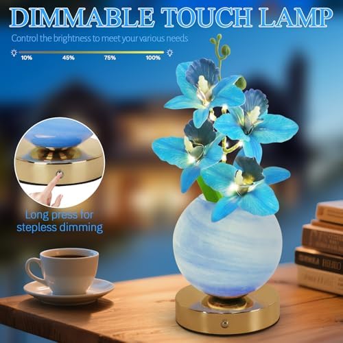 Flower Table Lamp, 3 Colors Orchid Night Light, Cordless Touch Dimming Artificial Flower with Vase Lamp, LED Desktop Decorative Landscape Lights for Festival Party Home Decor (Blue Orchid) - Image 3