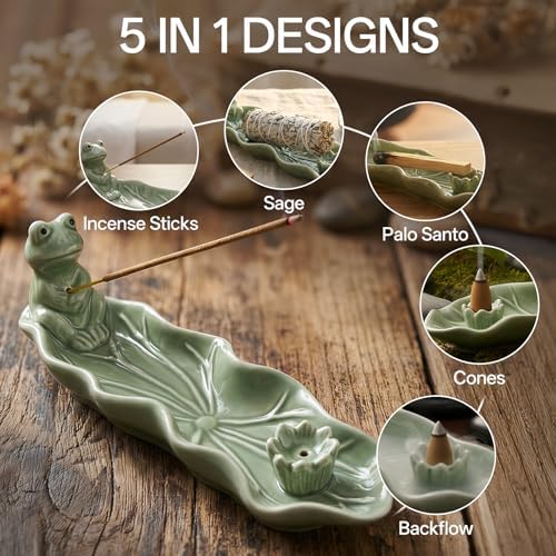 Frog Incense Holder for Sticks, Handmade Ceramic Holder for Burning Sage Sticks, Palo Santo, Cone and Backflow, Incense Burner for Meditation Room Home Decor, Frog Spiritual Gifts for Women - Image 2