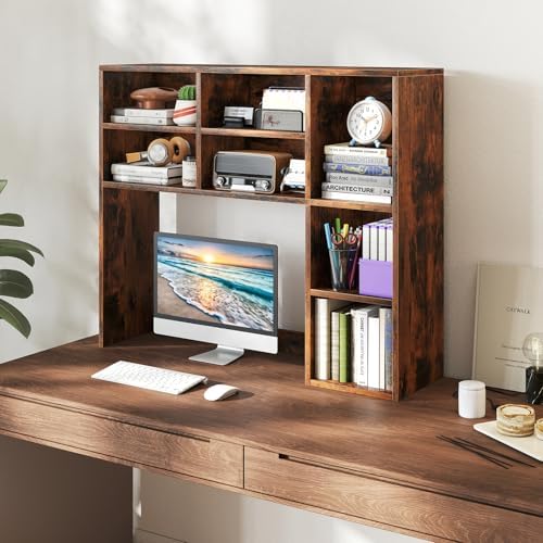 Giantex Desktop Bookshelf, Desk Hutch Dorm w/ 7 Cubes & 3 Adjustable Shelves, Desk Shelf for Up to 27" Computer Monitors, Wooden Desktop Storage Organizer for Dorm College Office Home, Rustic Brown - Image 2