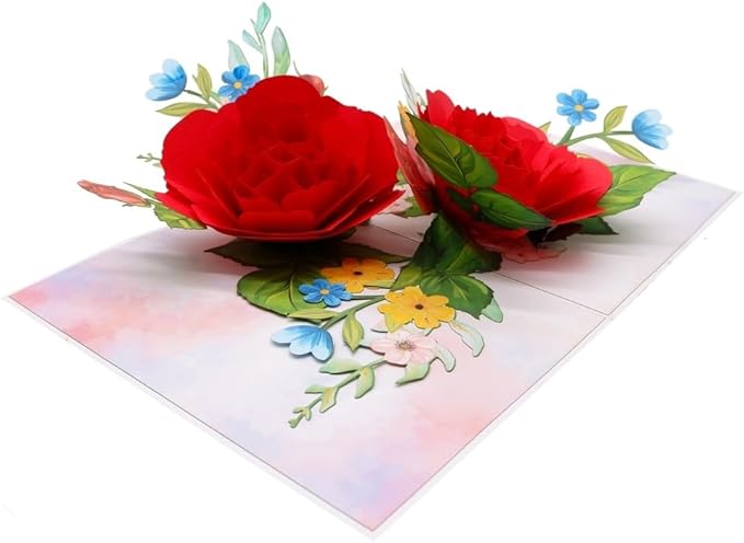 3D Pop Up Greeting Card – Elegant Red Rose Bouquet with Colorful Flowers – Romantic Card for Birthday, Anniversary, Valentine’s Day & Special Occasions, F58