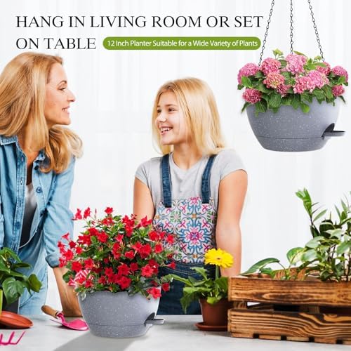 12 Inch Hanging Baskets 2 PC with Chains, Self-Watering Hanging Planters for Indoor Outdoor Plants, Plastic Hanging Flower Pots,Speckled Grey - Image 6