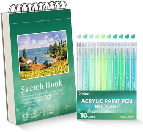 Acrylic Gel Pens for Coloring, 10 Green Gel Pens with A5 Sketchbook by Xmusk