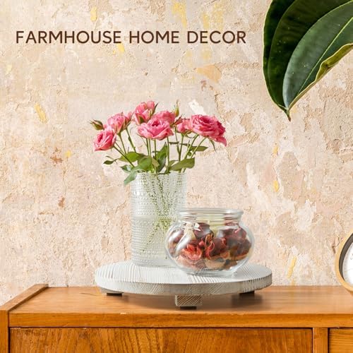 Small Round Decorative Tray White Washed Wood Bathroom Counter Organizer Pedestal Stand Farmhouse Kitchen Decor Wooden Riser for Soap Dish, Perfume, Candle, Sponge, 9" - Image 7