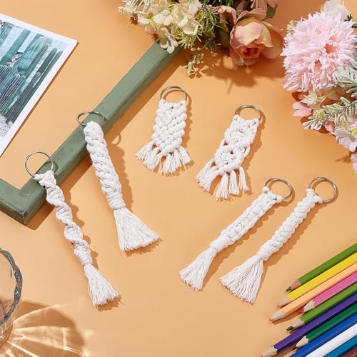 INFUNLY 6 Set DIY Macrame Keychain Kit White Macrame Keychain Kit for Adults Handmade Macrame Cord Knotting Kits with Tassel Mini Handmade Bag Charms Braiding with Instruction for Car Keys Ring - Image 2
