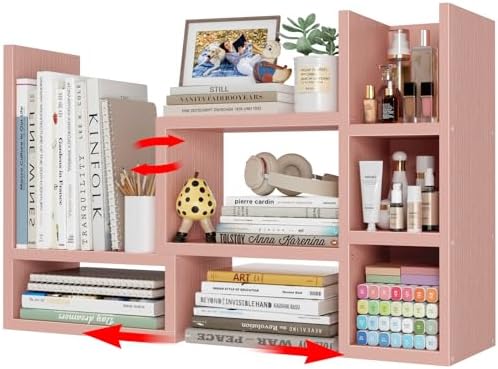 NUTIKAS Desk Shelves Desktop Organizer Shlef - Pink Office Organization for Top of Desk Organizers and Accessories Corner Bookshelf Table Top Shelving Small Hutch Decorations for Office by NUTIKAS