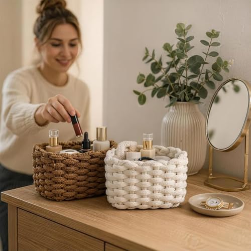 Woven Baskets 2 Pcs White and Brown, Small Storage Basket & Basket Organizer, Decorative Basket for Home, Countertop Cosmetics Toys Wardrobe Living Room Bedroom Desktop Storage and Decoration - Image 5