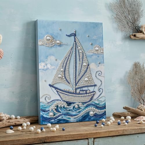 LQCrafK DIY Pearl Art Painting Handcraft Kit for Adults Beginners, Creative Design, Healing Stress-Relieving Home Wall Decoration, with Framed Painting and Tools-Sailboat-2 - Image 3