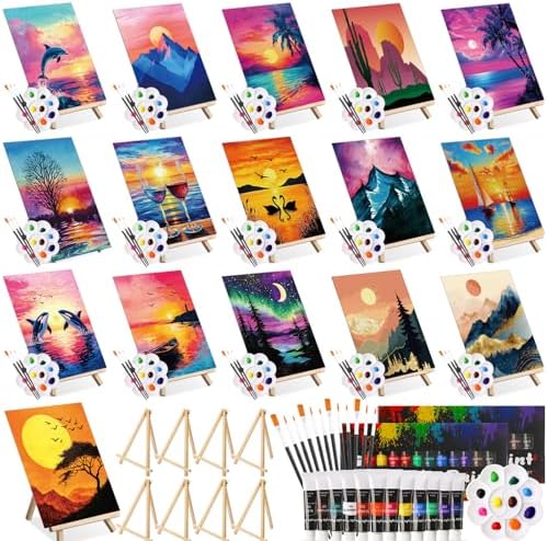 Cholemy 99 Pcs 16 Set Sip and Paint Kit for Adults 8"x 10" Pre Drawn Canvas Painting with Wooden Easel Pre Printed Canvas Painting Favor for DIY Birthday Gifts Adult's Date Party(Vivid Sunset) by Cholemy