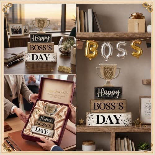 Moucuny 4 Pcs Boss Day Table Decorations Rustic Trophy Wooden Blocks Decor - Image 5