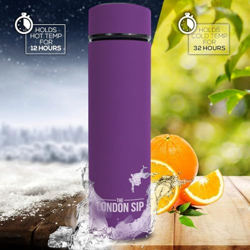 The London Sip Multi-Purpose Travel Mug and Tumbler Fruit Infused Flask Hot and Cold Double Wall Stainless Steel Thermos with Extra-Long Infuser, Purple - Image 4
