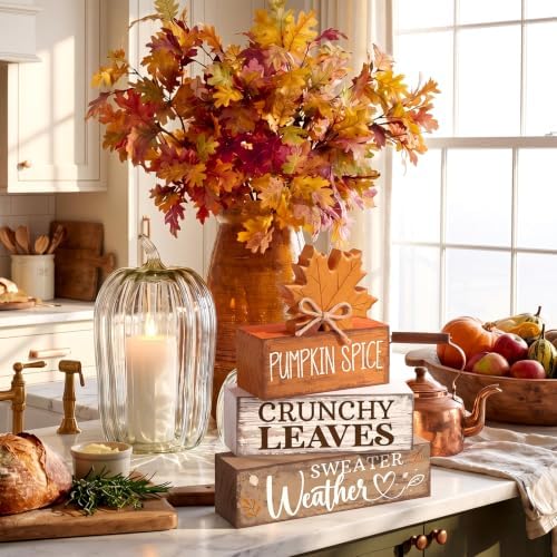 Moucuny 4 Pcs Fall Wooden Tiered Tray Decor Rustic Farmhouse Signs - Image 4