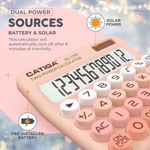 CATIGA Mechanical Switch Calculator with Solar and Battery Dual Power, 12-Digit Large LCD Display, Aesthetic and Cute Desktop Calculator with Big Button, for Home, School and Office Use, SD-1299 - Image 4