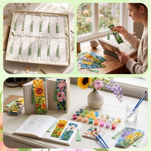 Kosiz 12 Pcs Glass Flowers Paint by Number Kit for Adult Wood Bookmark - Image 5