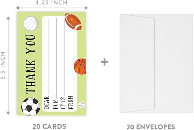 Andaz Press Kids Fill in the Blank Thank You Cards - 20 Cards Including Envelopes Sports Theme Gender Neutral Note Cards For Boys Girls Birthday Party Thank You Notes for Friends, Family Party Guests