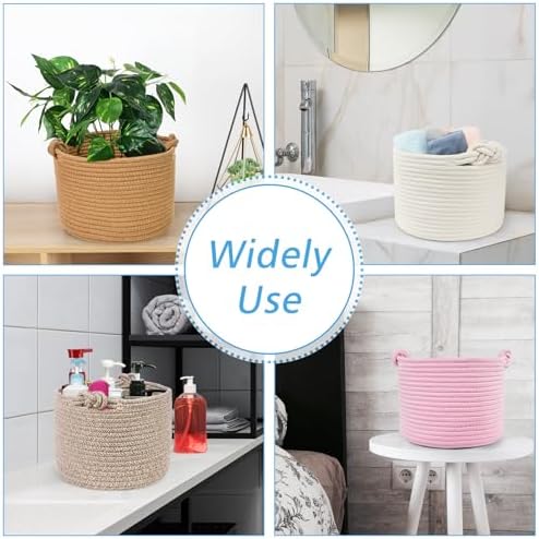 ABenkle Small Woven Basket, Cotton Rope Shelf Storage Basket, Small Round Basket, Cute Basket, Decorative Round Bin for Nursery Bedroom Bathroom, 9.4" x 9.4"x 7.1" Empty Gift Basket- Pink - Image 3