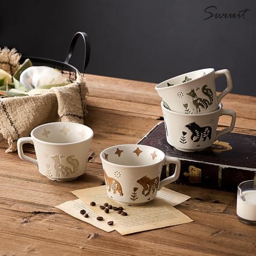 12 oz Vintage Ceramic Coffee Mug Set of 4 - Handmade Stoneware Pottery Countryside Farmhouse Fall Autumn Tea Mugs with Big Handle for Latte,Cocoa,Dishwasher & Microwave Safe Cups (Animals) - Image 2