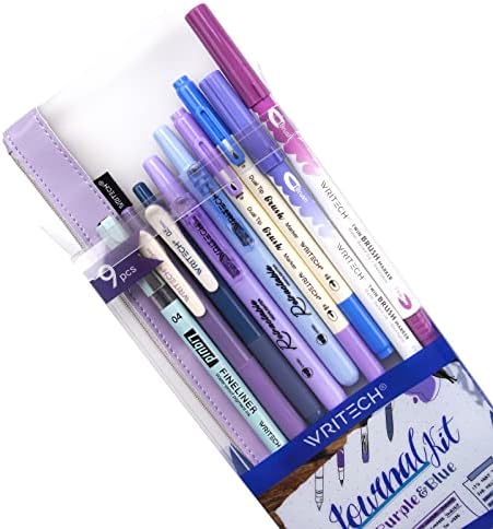 WRITECH Journaling Kit, Gel Ink Pens/Retractable Highlighters/Dual Tip Brush Pens/Fineliner Pens, Smooth Writing Assorted Colors Journaling Supplies, 9 Count with Pen Bag (Haze blue & purple) by WRITECH