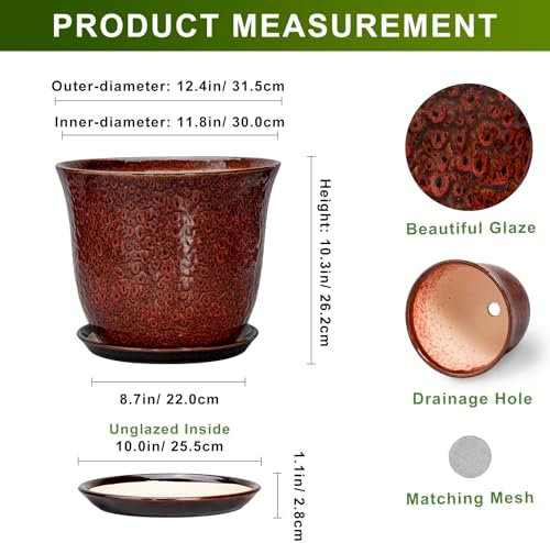 Ceramic Pots for Plants - 12 Inch Plant Pot for Indoor Outdoor, Round Planter with Drainage Hole and Saucer, Large Decorative Planters, Modern Flower Pot, Office Decor, Garden Gifts, Red - Image 2