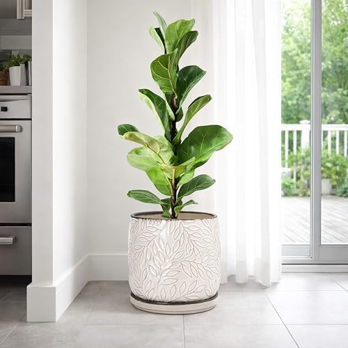 D'vine Dev Embossed Leaves Ceramic Planter, 8 in, Smoked White, 27-A-Q-1 - Image 6