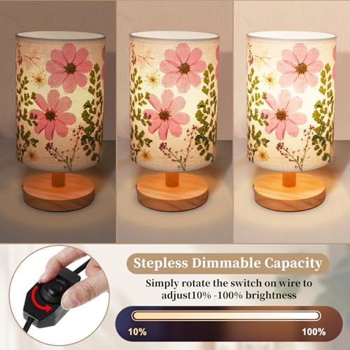 Dried Flowers Small Table Lamp 9W LED Dimmable Warm Light Pressed Flower Bedside Lamp Linen Shade with Wood Base for Bedroom Living Room Desk Nursery - Image 3